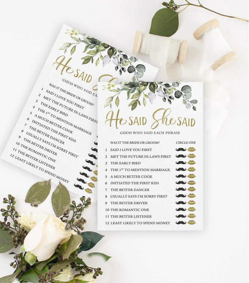 Printed Party Bridal Shower Games â€“ He Said She Said Game with Fun Bride and Groom Trivia, Wedding Shower Activity, Botanical Eucalyptus Theme, 50 Guests - Image 2